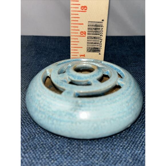 Studio Pottery 4" W 1.25" T 9 Hole Flower Frog Crystalline Glaze Turquoise - Picture 9 of 9